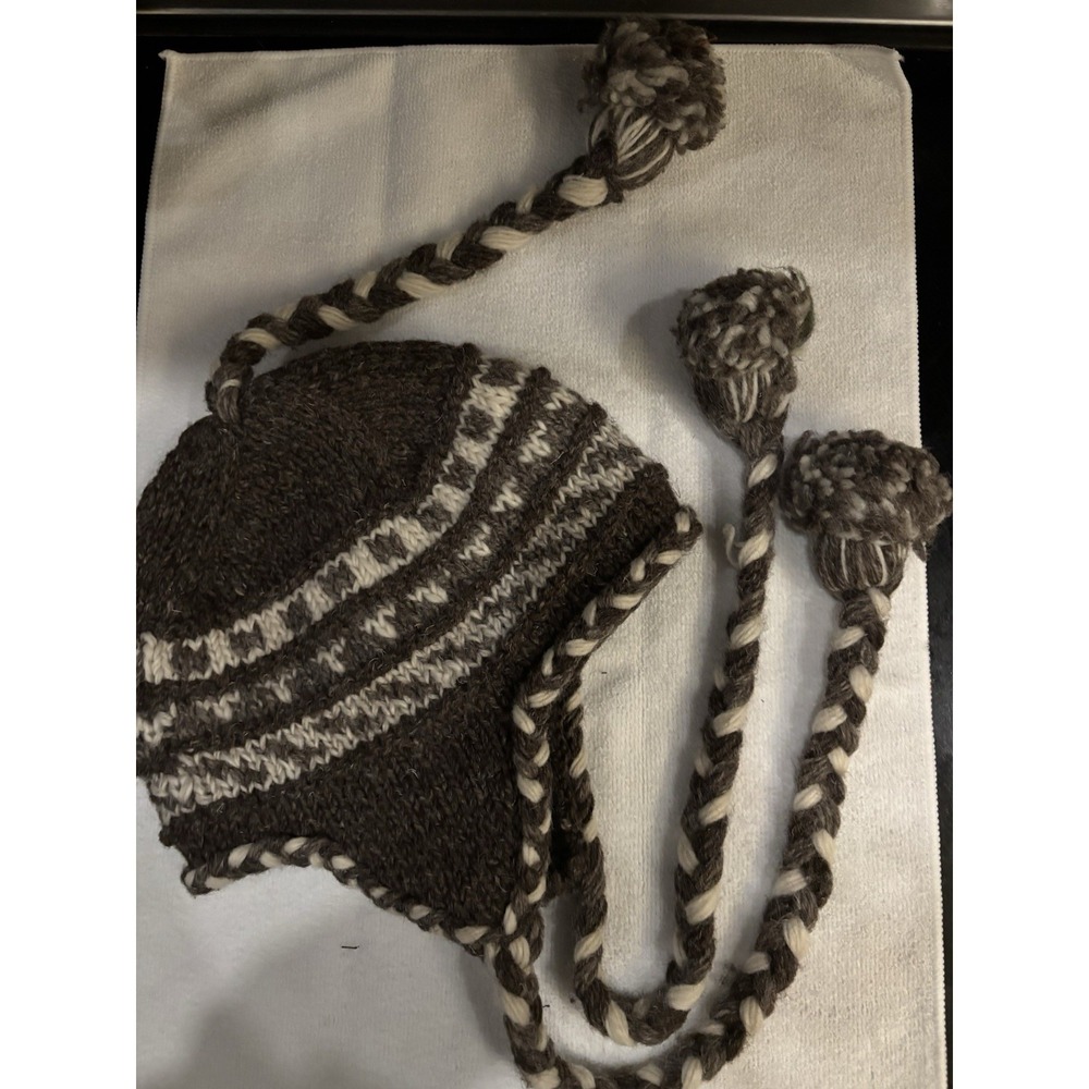 Made in Nepal Gray,   Wool Knit Fleece Lined Tassled Beanie Hat OS